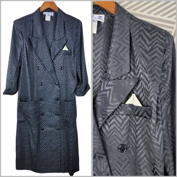 Vintage 80s Power Suit Jacket Dress Size 14 16 Evening Career Black Satin Blazer - Picture 1 of 7